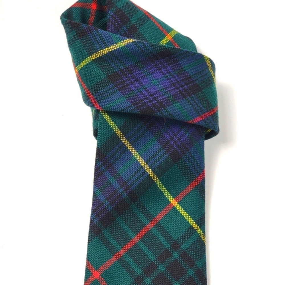 Vintage Wool Stewart Hunting Scottish Green Blue Tartan Plaid Tie - Picture 3 of 4